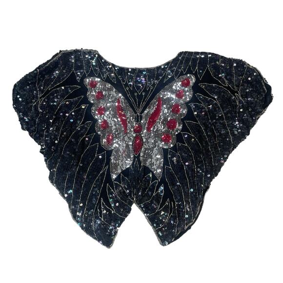 VTG SHE Sequin Beaded Butterfly Top Womens OS 70's Disco Retro Glam Silk Rayon - Picture 7 of 14